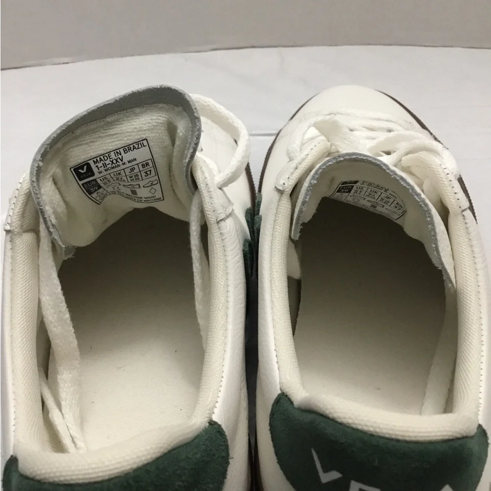 Veja White Sneakers with Green V Logo and Brown Sole
